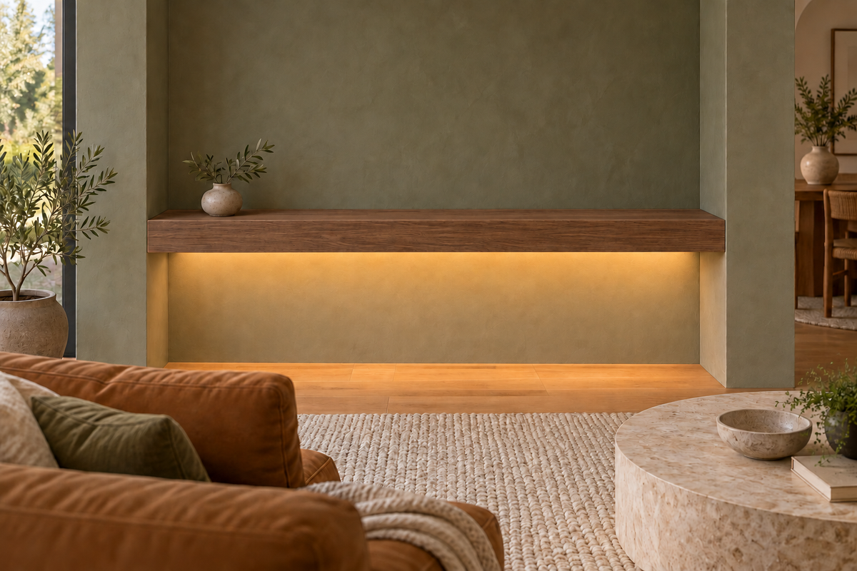 Gentry Stinson Walnut Floating Shelf | 54″ long × 4″ thick | Wall to Wall | Natural | LED Light Ready — Bottom Front location; rendering with separately supplied LED tape