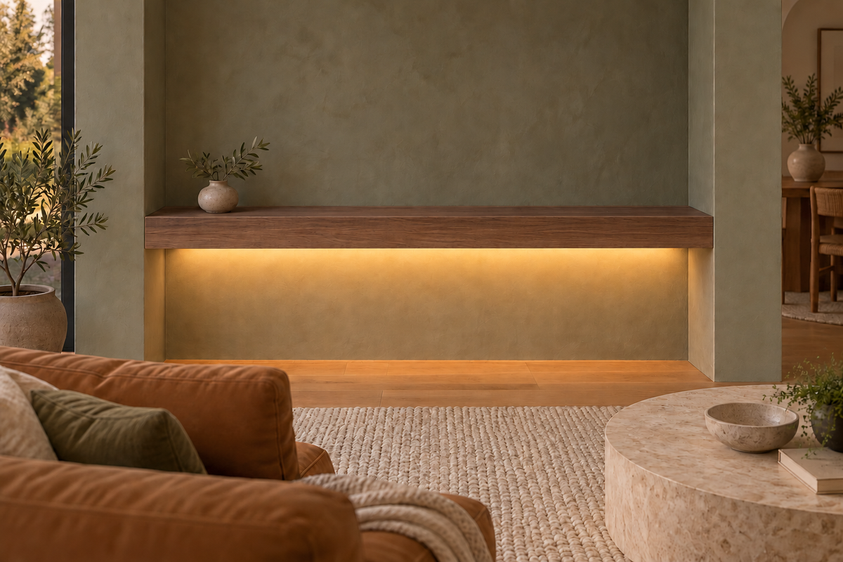 Gentry Stinson Walnut Floating Shelf | 54″ long × 4″ thick | Wall to Wall | Natural | LED Light Ready — Bottom Rear location; rendering with separately supplied LED tape