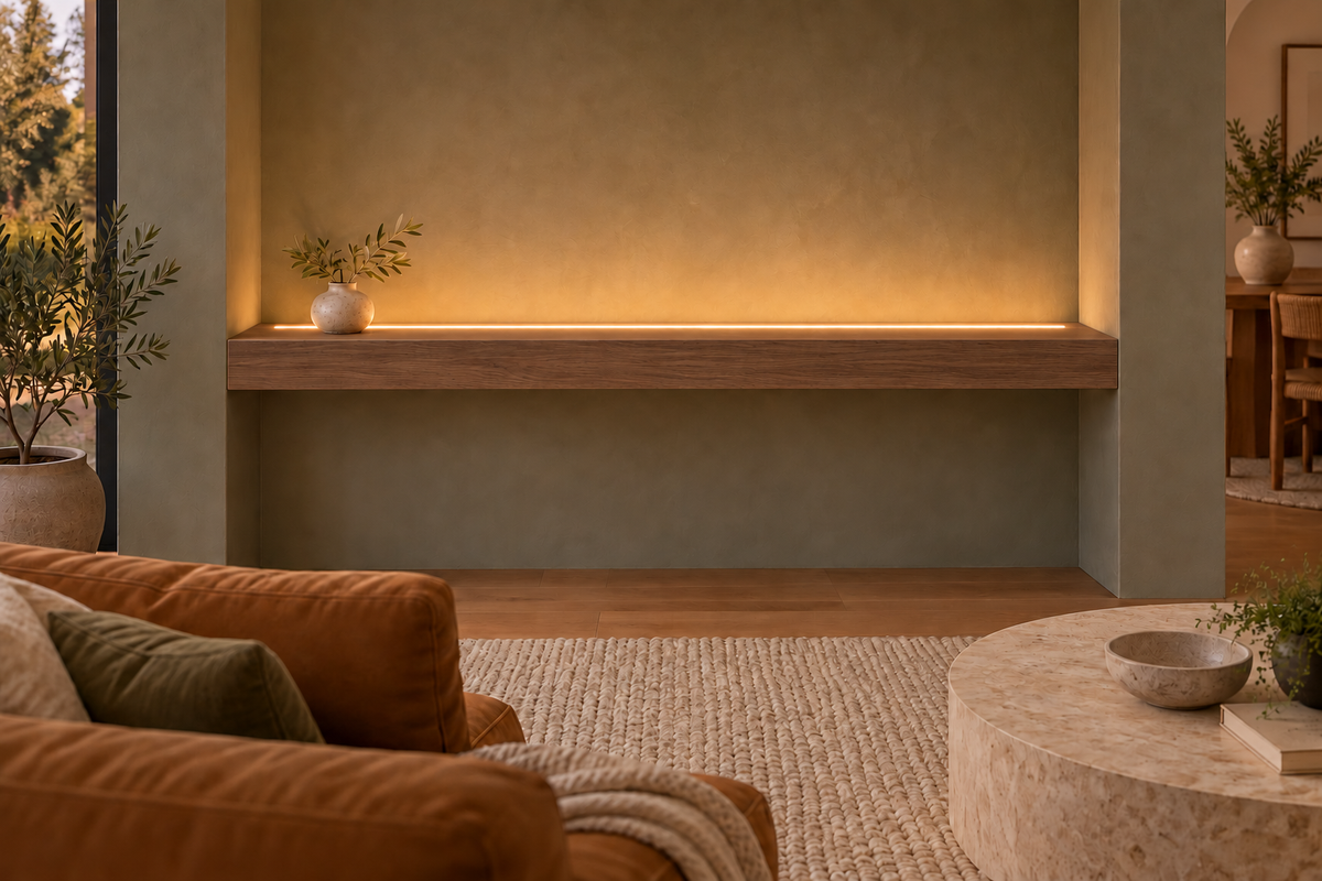Gentry Stinson Walnut Floating Shelf | 54″ long × 4″ thick | Wall to Wall | Natural | LED Light Ready — Top Front location; rendering with separately supplied LED tape