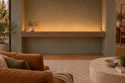 Gentry Stinson Walnut Floating Shelf | 54″ long × 4″ thick | Wall to Wall | Natural | LED Light Ready — Top Front location; rendering with separately supplied LED tape