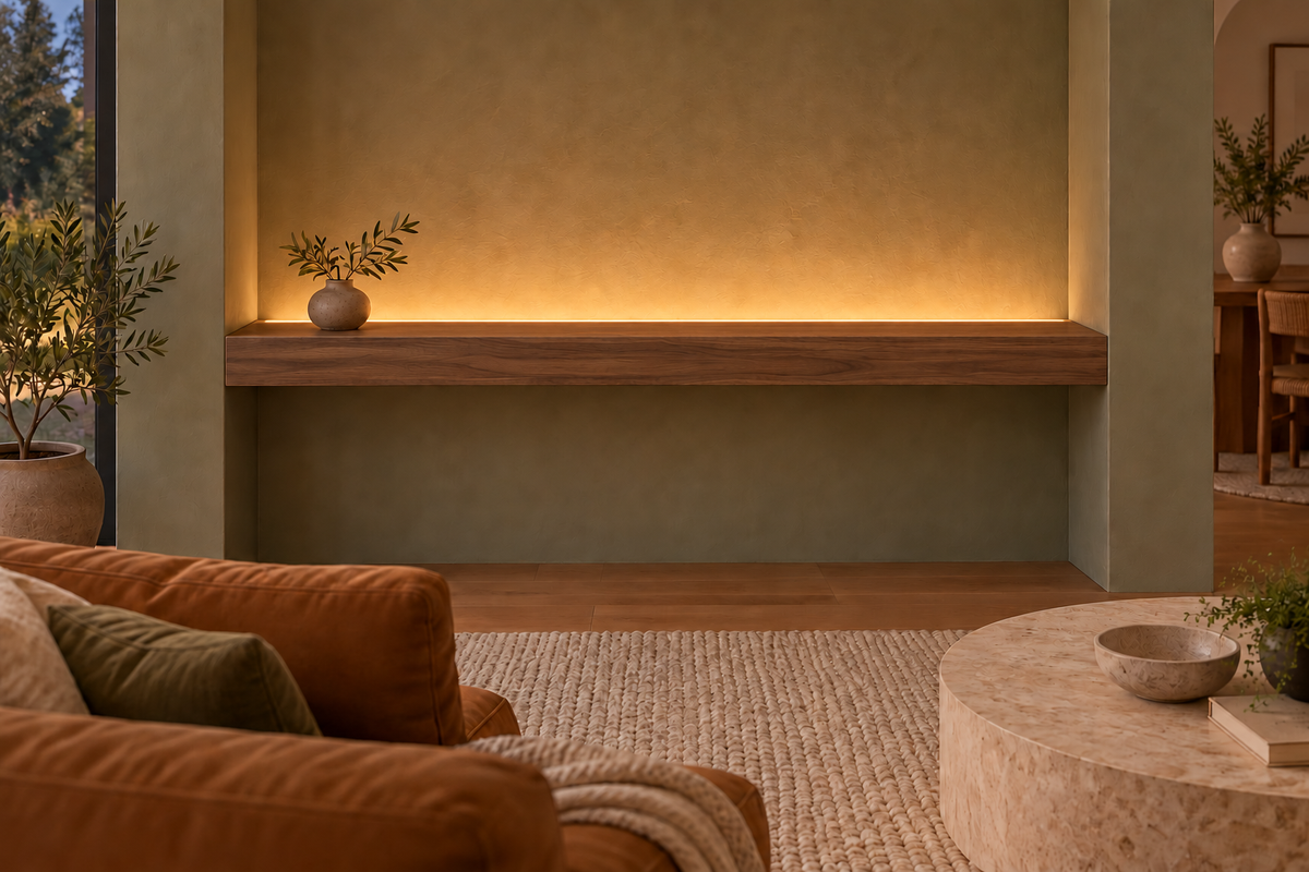 Gentry Stinson Walnut Floating Shelf | 54″ long × 4″ thick | Wall to Wall | Natural | LED Light Ready — Top Rear location; rendering with separately supplied LED tape