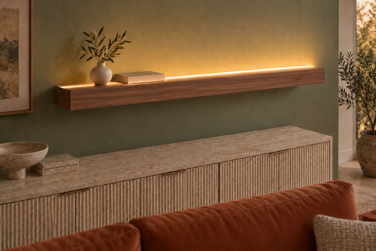 54 × 8 × 3 inch natural walnut floating shelf, standard mount, LED-ready Top Front location shown with separately supplied lighting, living-room rendering