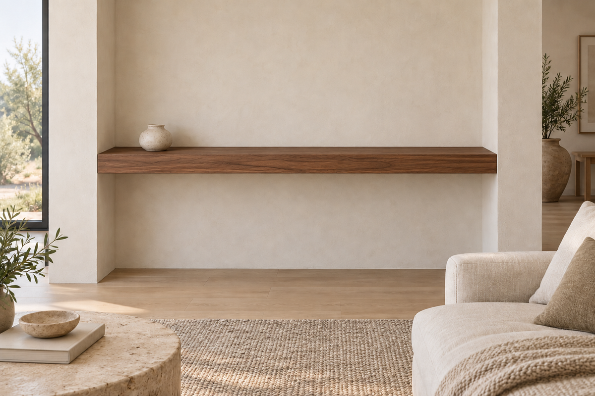 54 × 8 × 3 inch natural walnut floating shelf, wall-to-wall mount, unlit, living-room rendering