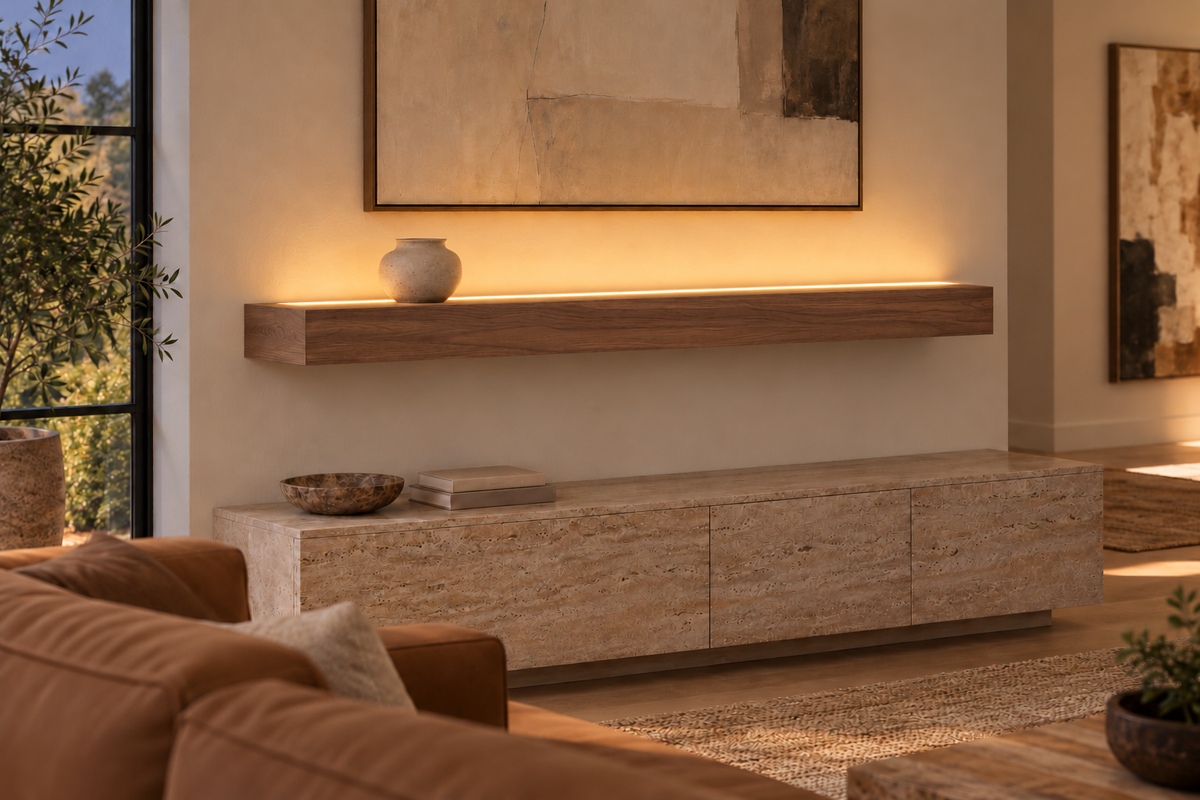 54 × 8 × 4 inch natural walnut floating shelf, standard mount, LED-ready Top Front location shown with separately supplied lighting, living-room rendering
