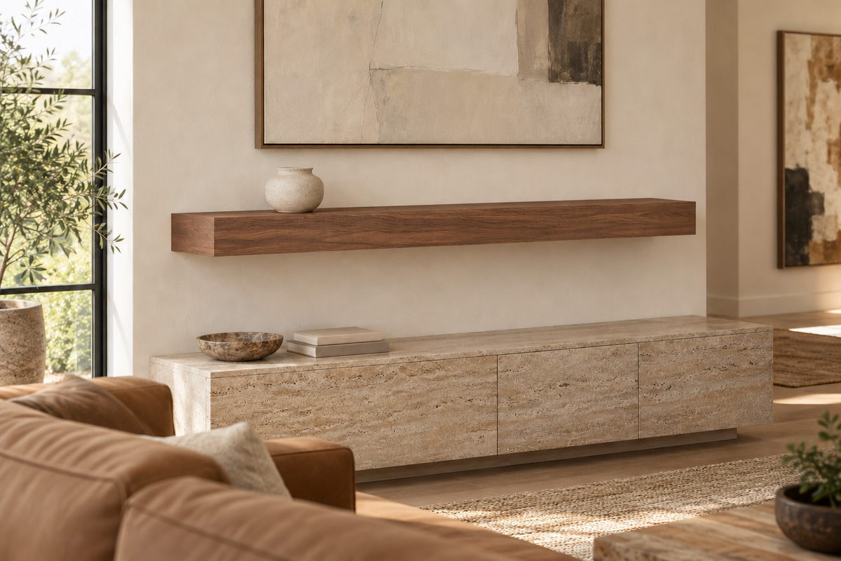 54 × 8 × 4 inch natural walnut floating shelf, standard mount, unlit, living-room rendering