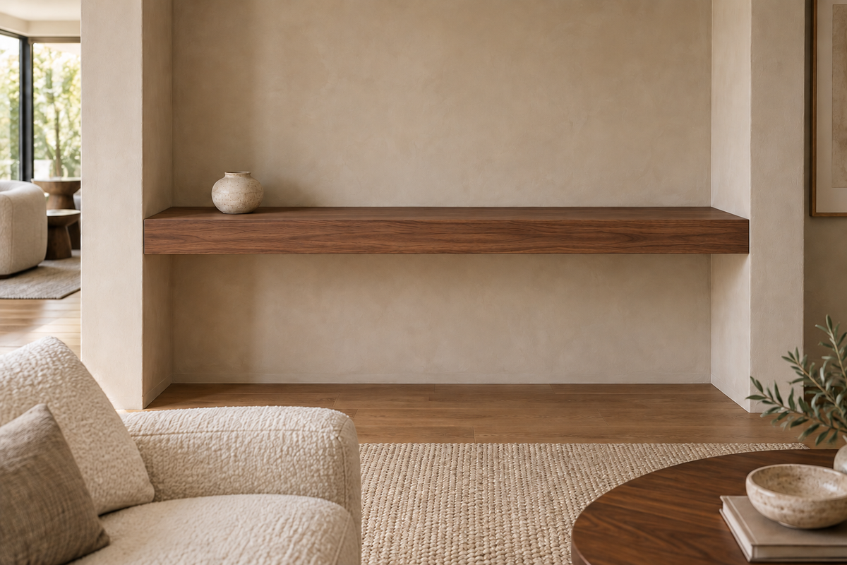 54 × 8 × 4 inch natural walnut floating shelf, wall-to-wall mount, unlit, living-room rendering