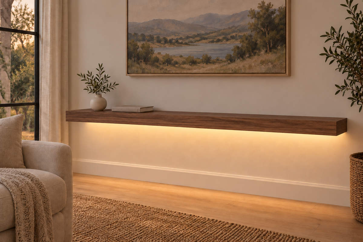 60-inch long, 3-inch thick natural walnut floating shelf, standard mount, LED-ready Bottom Front location shown with separately supplied lighting, living-room rendering