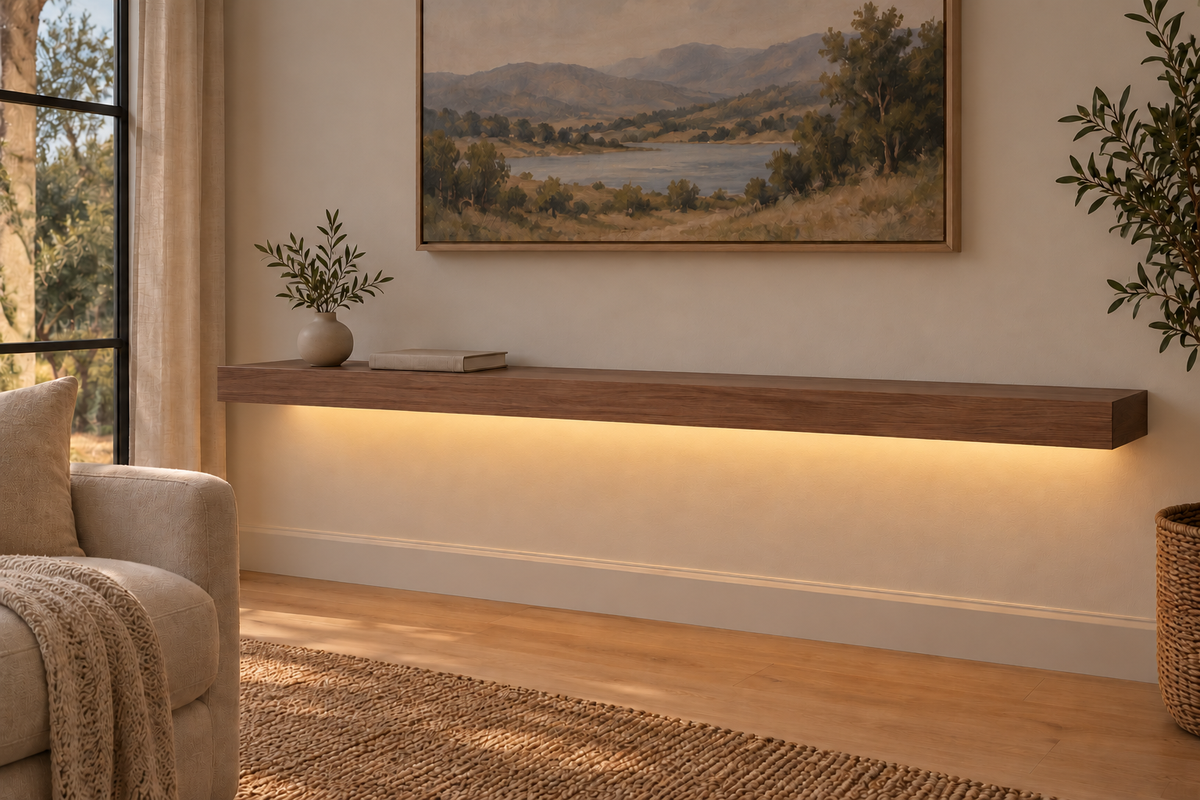 60-inch long, 3-inch thick natural walnut floating shelf, standard mount, LED-ready Bottom Rear location shown with separately supplied lighting, living-room rendering