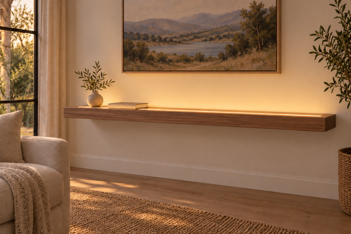 60 × 10 × 3 inch natural walnut floating shelf, standard mount, LED-ready Top Front location shown with separately supplied lighting, living-room rendering