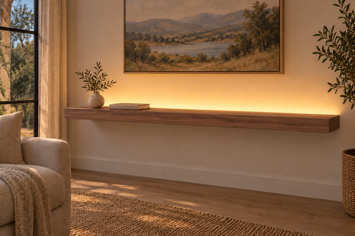 60-inch long, 3-inch thick natural walnut floating shelf, standard mount, LED-ready Top Rear location shown with separately supplied lighting, living-room rendering