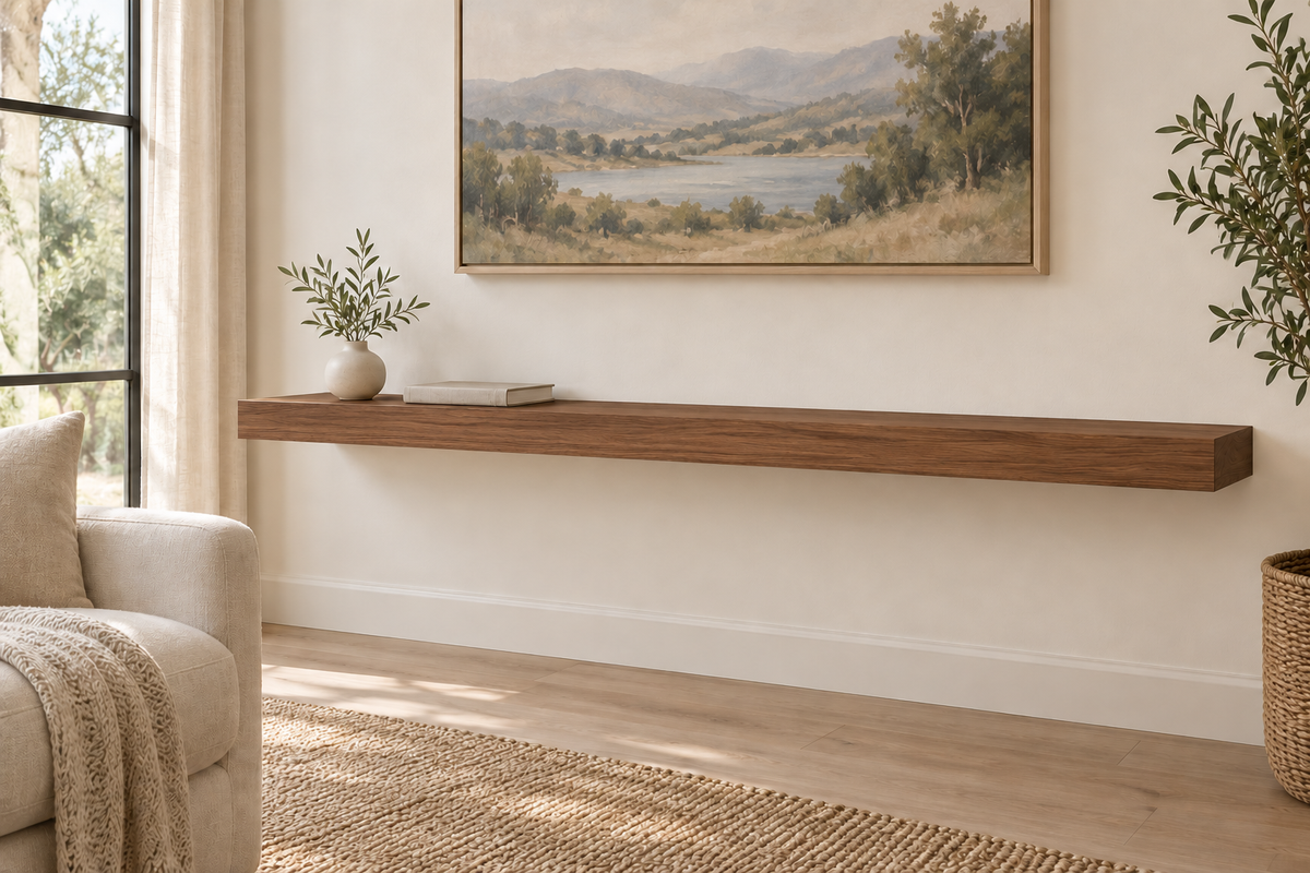 60 × 10 × 3 inch natural walnut floating shelf, standard mount, unlit, living-room rendering