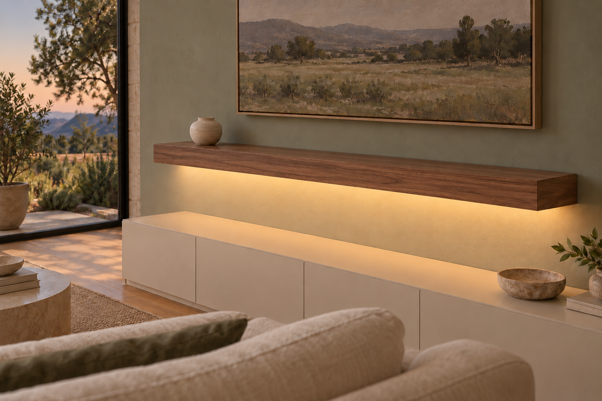 Gentry Stinson Walnut Floating Shelf | 60″ long × 4″ thick | Standard Mount | Natural | LED Light Ready — Bottom Front location; rendering with separately supplied LED tape