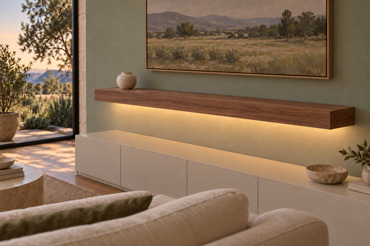 Gentry Stinson Walnut Floating Shelf | 60″ long × 4″ thick | Standard Mount | Natural | LED Light Ready — Bottom Rear location; rendering with separately supplied LED tape