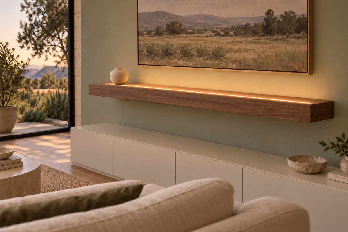 Gentry Stinson Walnut Floating Shelf | 60″ long × 4″ thick | Standard Mount | Natural | LED Light Ready — Top Front location; rendering with separately supplied LED tape