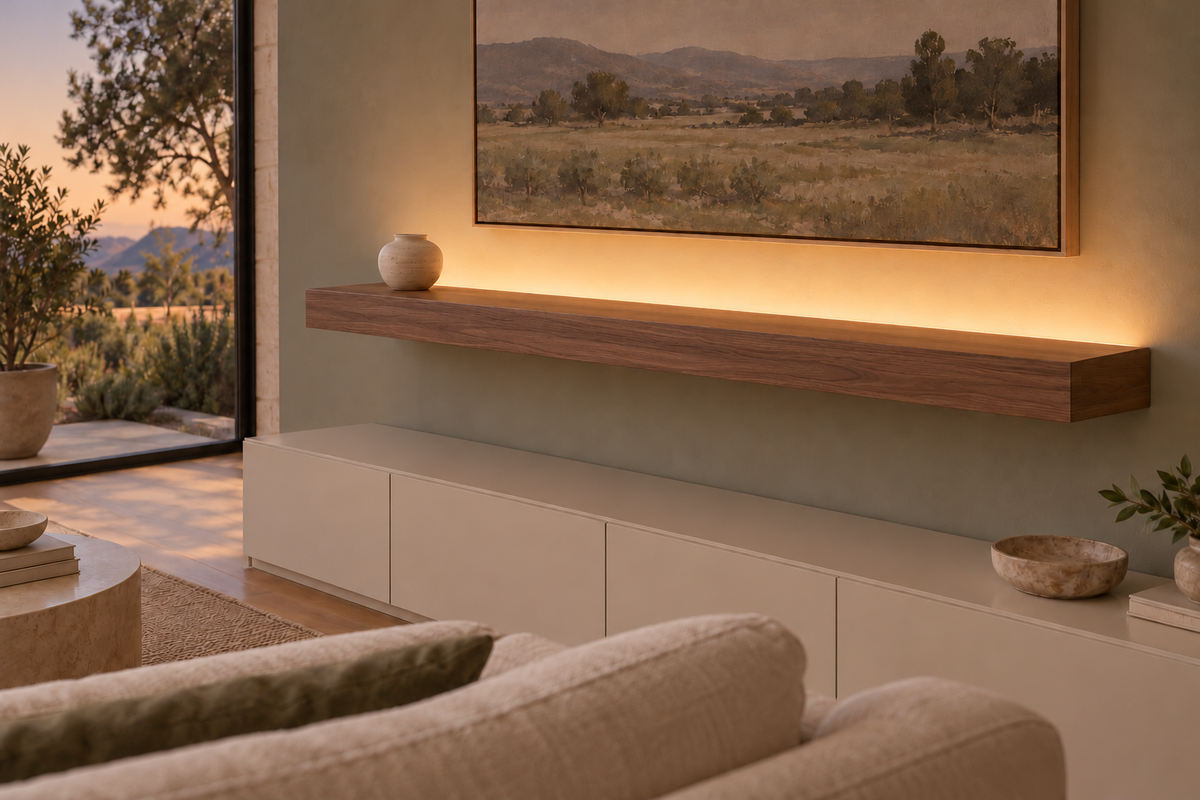 Gentry Stinson Walnut Floating Shelf | 60″ long × 4″ thick | Standard Mount | Natural | LED Light Ready — Top Rear location; rendering with separately supplied LED tape