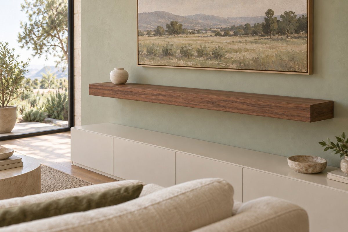 60 × 10 × 4 inch natural walnut floating shelf, standard mount, unlit, living-room rendering