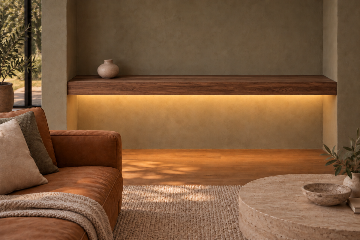 Gentry Stinson Walnut Floating Shelf | 60″ long × 4″ thick | Wall to Wall | Natural | LED Light Ready — Bottom Front location; rendering with separately supplied LED tape