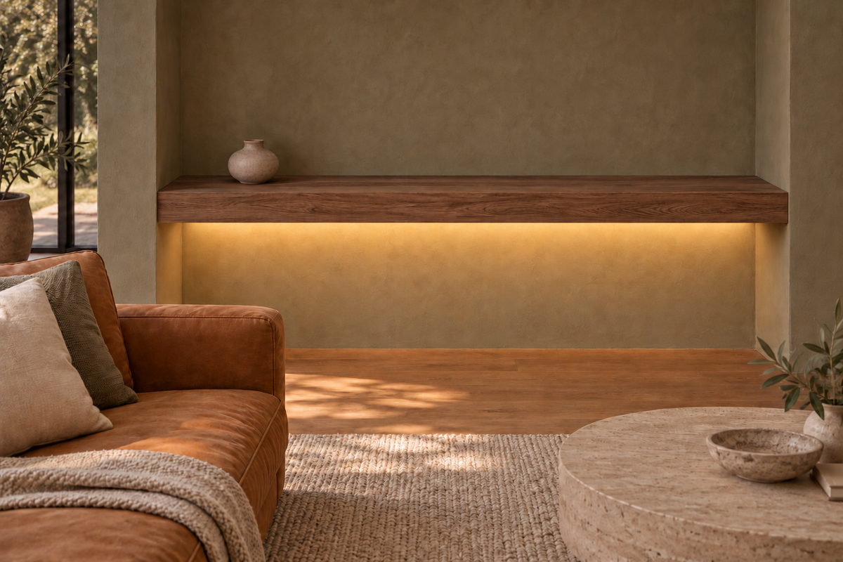 Gentry Stinson Walnut Floating Shelf | 60″ long × 4″ thick | Wall to Wall | Natural | LED Light Ready — Bottom Rear location; rendering with separately supplied LED tape