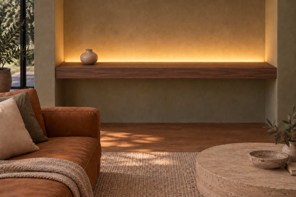 Gentry Stinson Walnut Floating Shelf | 60″ long × 4″ thick | Wall to Wall | Natural | LED Light Ready — Top Rear location; rendering with separately supplied LED tape
