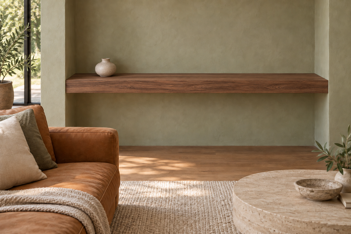 60 × 10 × 4 inch natural walnut floating shelf, wall-to-wall mount, unlit, living-room rendering