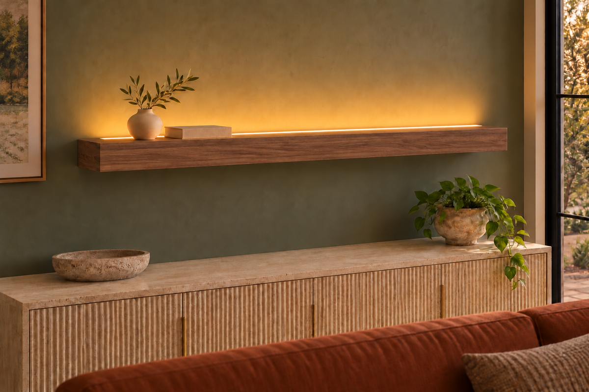 60 × 8 × 3 inch natural walnut floating shelf, standard mount, LED-ready Top Front location shown with separately supplied lighting, living-room rendering