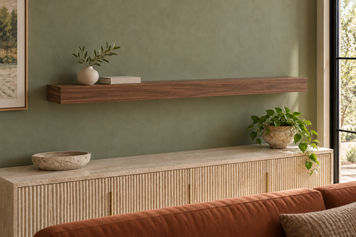60 × 8 × 3 inch natural walnut floating shelf, standard mount, unlit, living-room rendering