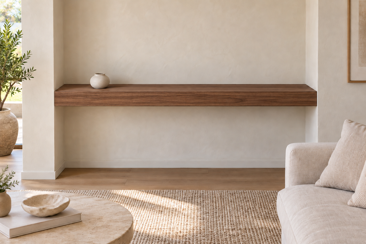 60 × 8 × 3 inch natural walnut floating shelf, wall-to-wall mount, unlit, living-room rendering