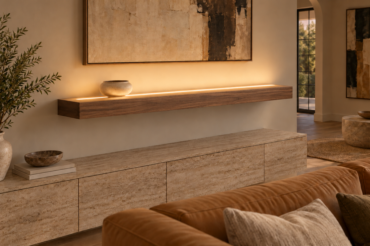 Gentry Stinson Walnut Floating Shelf | 60″ × 8″ × 4″ | Standard Mount | Natural | LED Light Ready — Top Front location, living-room rendering with separately supplied LED tape