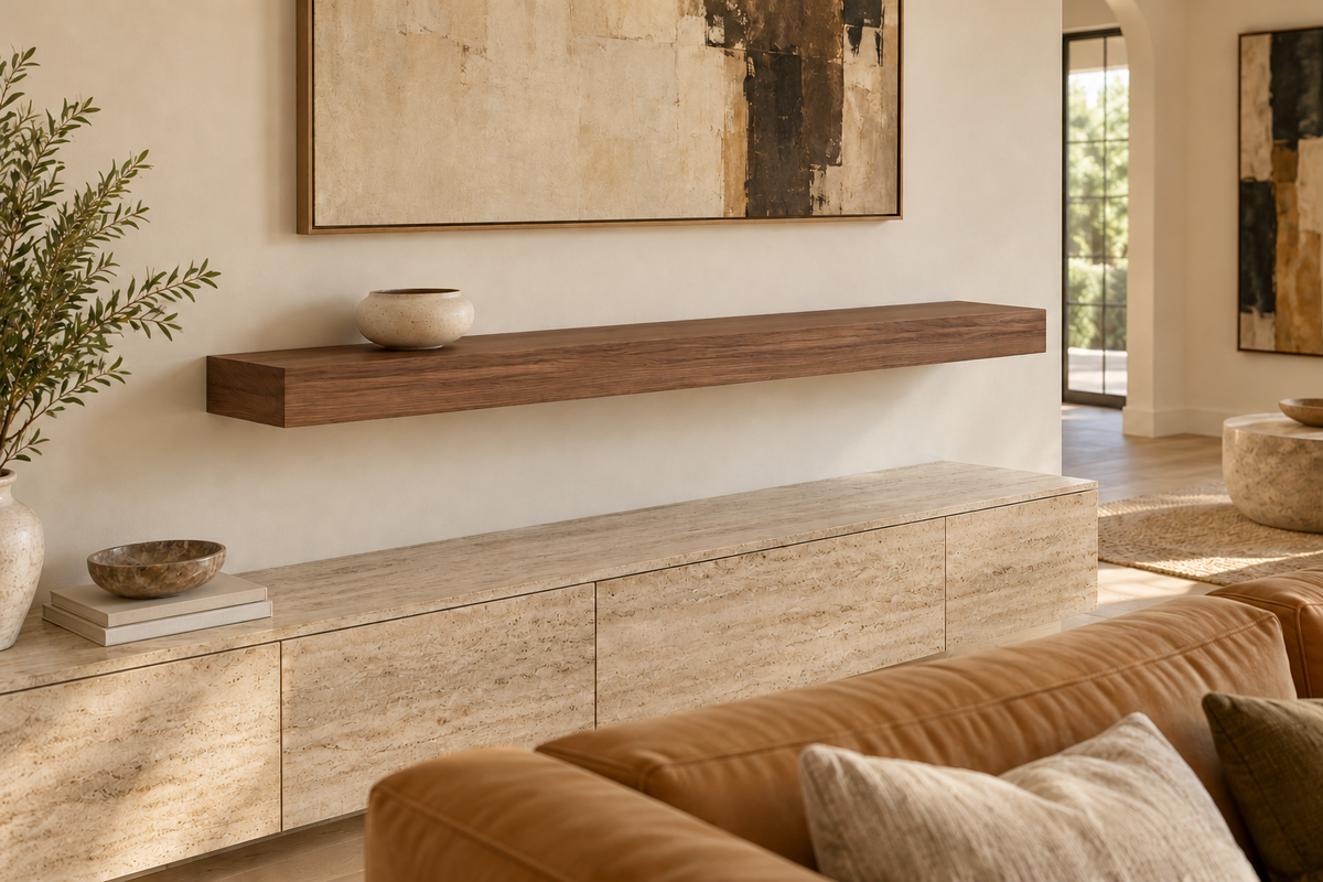 60 × 8 × 4 inch natural walnut floating shelf, standard mount, unlit, living-room rendering