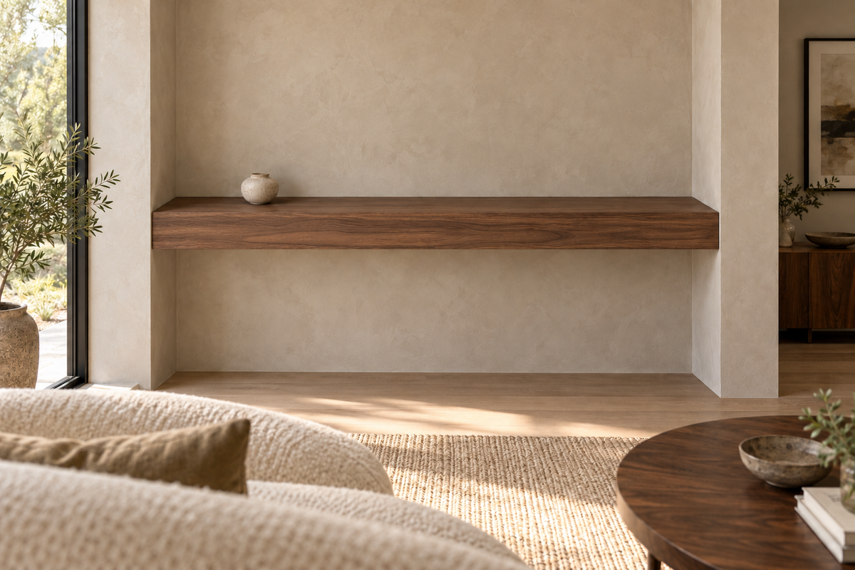 60 × 8 × 4 inch natural walnut floating shelf, wall-to-wall mount, unlit, living-room rendering