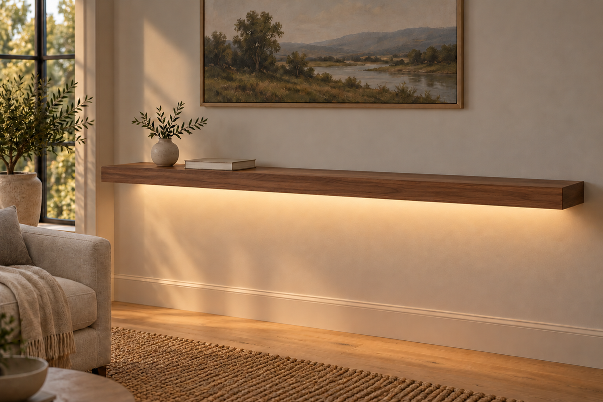 66 × 10 × 3 inch natural walnut floating shelf, standard mount, LED-ready Bottom Front location shown with separately supplied lighting, living-room rendering