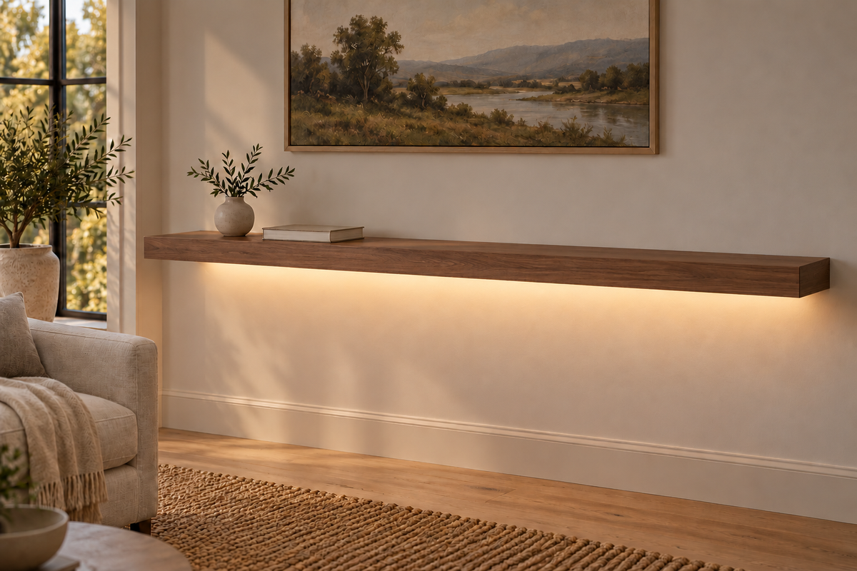 66 × 10 × 3 inch natural walnut floating shelf, standard mount, LED-ready Bottom Rear location shown with separately supplied lighting, living-room rendering