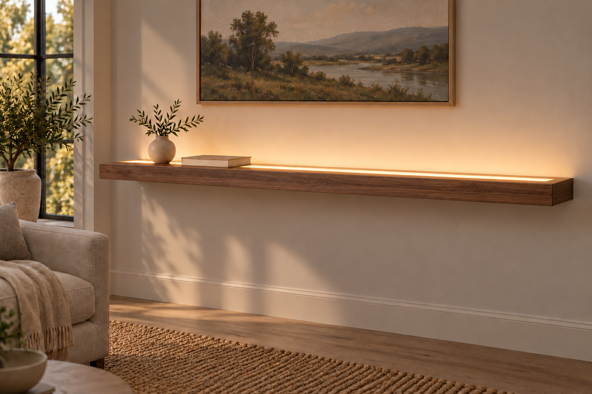 66 × 10 × 3 inch natural walnut floating shelf, standard mount, LED-ready Top Front location shown with separately supplied lighting, living-room rendering