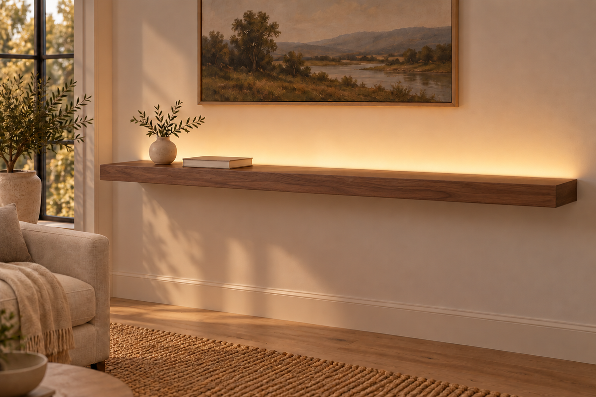 66 × 10 × 3 inch natural walnut floating shelf, standard mount, LED-ready Top Rear location shown with separately supplied lighting, living-room rendering