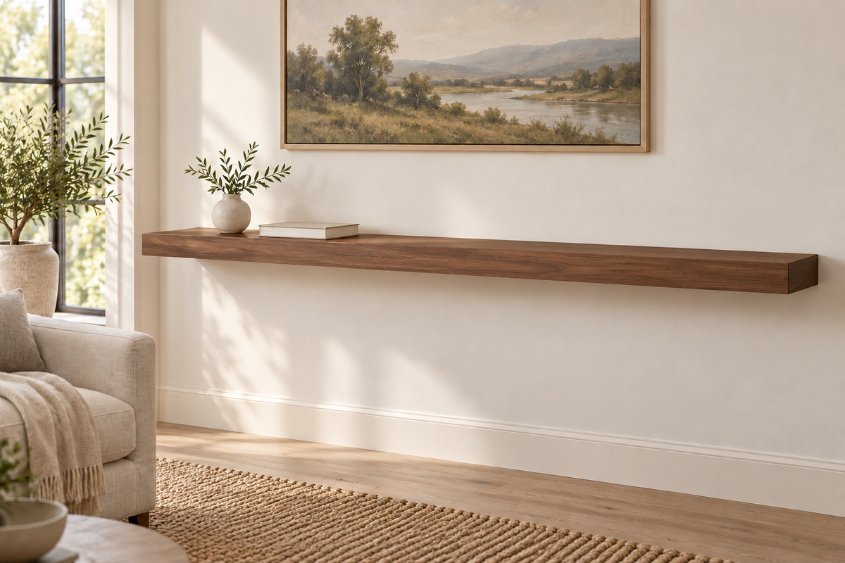66 × 10 × 3 inch natural walnut floating shelf, standard mount, unlit, living-room rendering