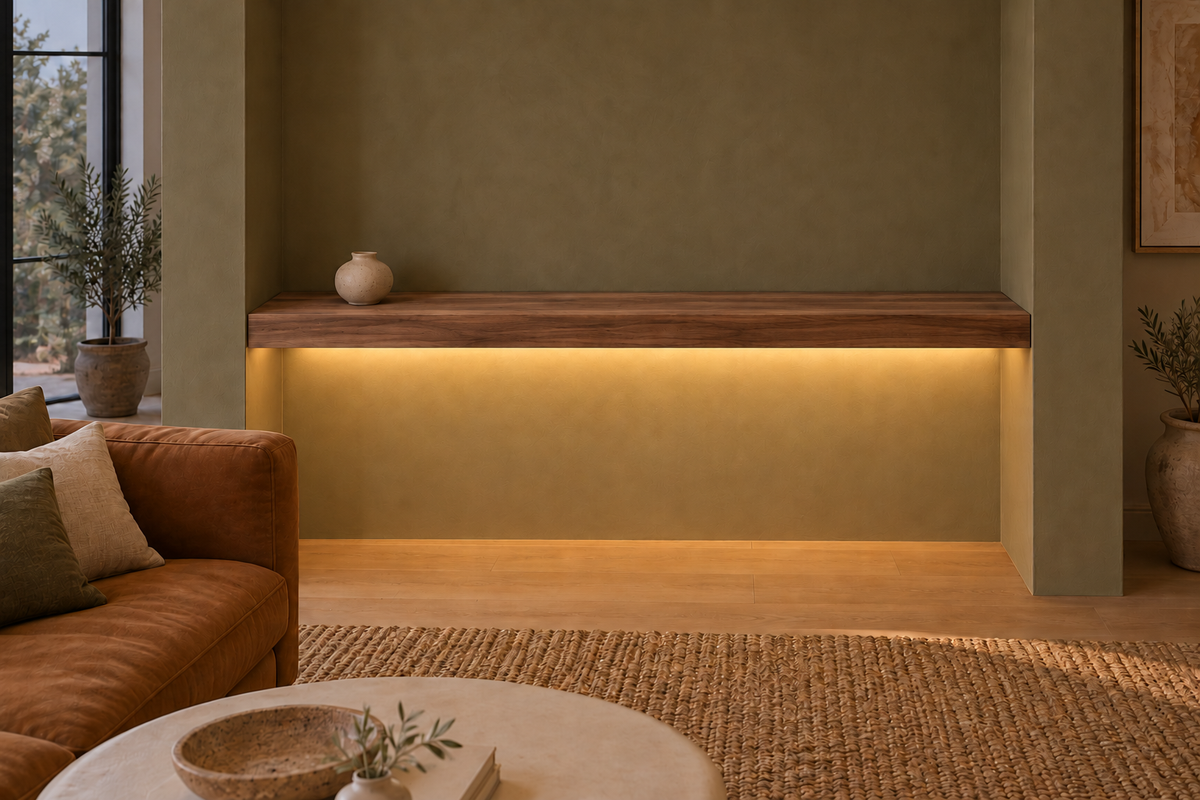 Gentry Stinson Walnut Floating Shelf | 66″ × 10″ × 3″ | Wall to Wall | Natural | LED Light Ready — Bottom Front location; rendering with separately supplied LED tape