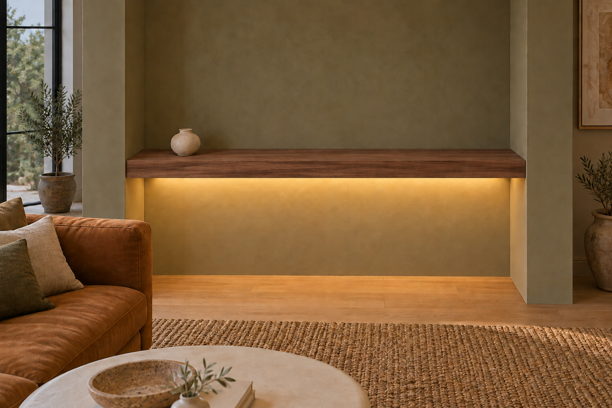 Gentry Stinson Walnut Floating Shelf | 66″ × 10″ × 3″ | Wall to Wall | Natural | LED Light Ready — Bottom Rear location; rendering with separately supplied LED tape