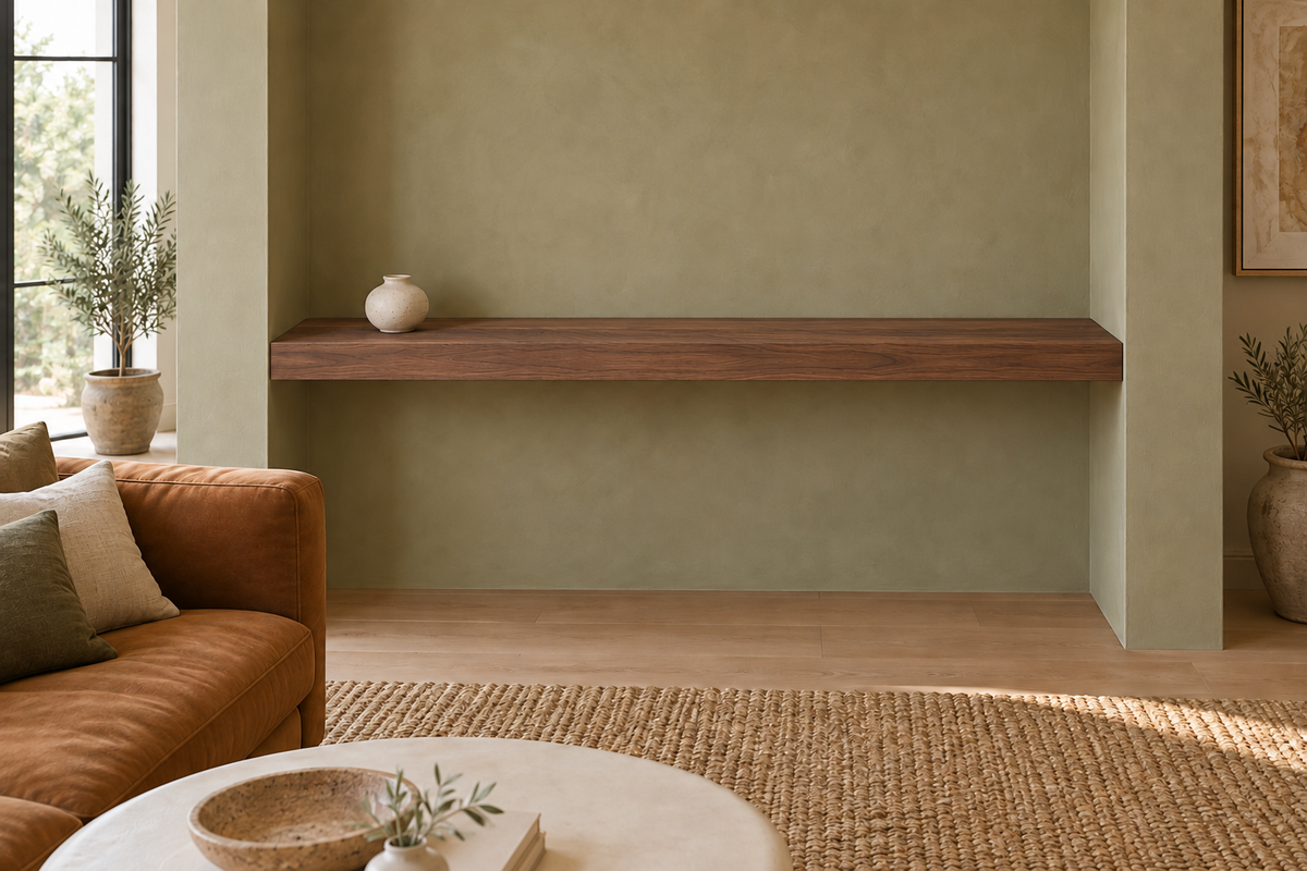 66 × 10 × 3 inch natural walnut floating shelf, wall-to-wall mount, unlit, living-room rendering