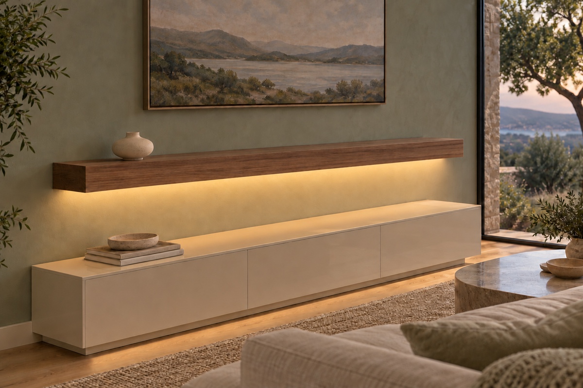 Gentry Stinson Walnut Floating Shelf | 66″ × 10″ × 4″ | Standard Mount | Natural | LED Light Ready — Bottom Front location; rendering with separately supplied LED tape