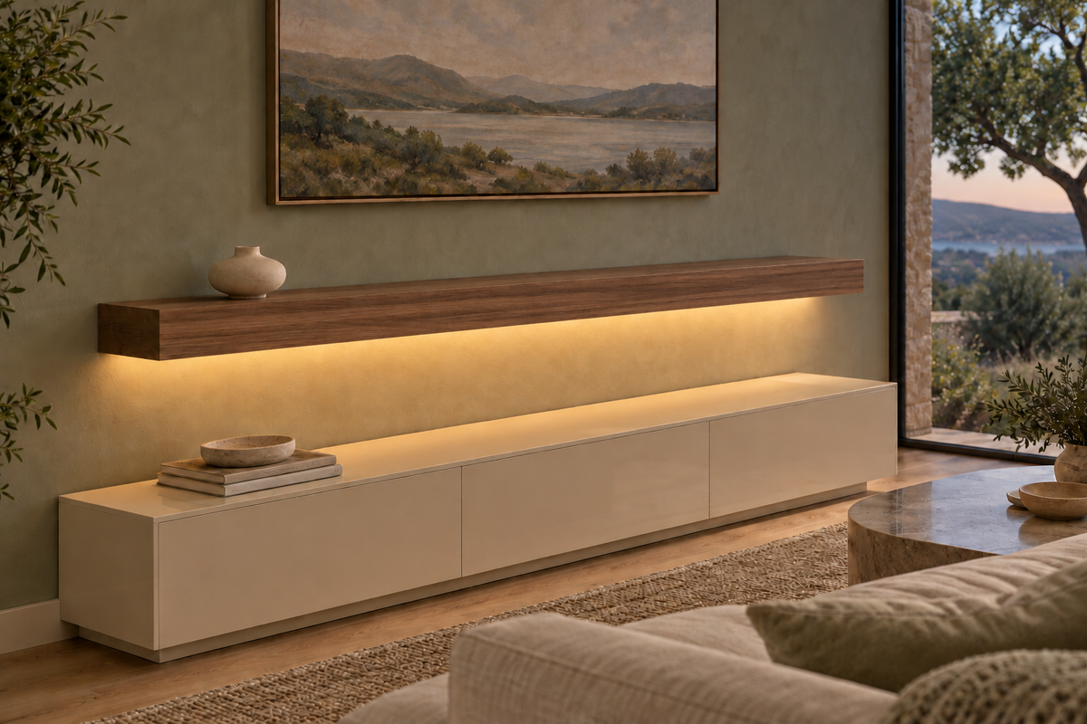Gentry Stinson Walnut Floating Shelf | 66″ × 10″ × 4″ | Standard Mount | Natural | LED Light Ready — Bottom Rear location; rendering with separately supplied LED tape