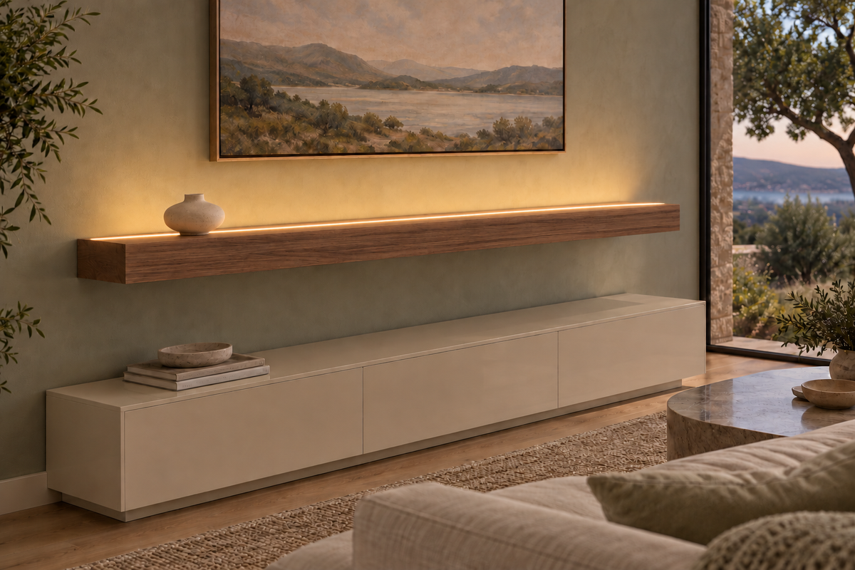 Gentry Stinson Walnut Floating Shelf | 66″ × 10″ × 4″ | Standard Mount | Natural | LED Light Ready — Top Front location; rendering with separately supplied LED tape