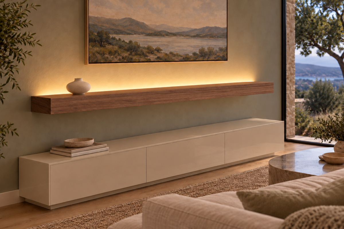 Gentry Stinson Walnut Floating Shelf | 66″ × 10″ × 4″ | Standard Mount | Natural | LED Light Ready — Top Rear location; rendering with separately supplied LED tape
