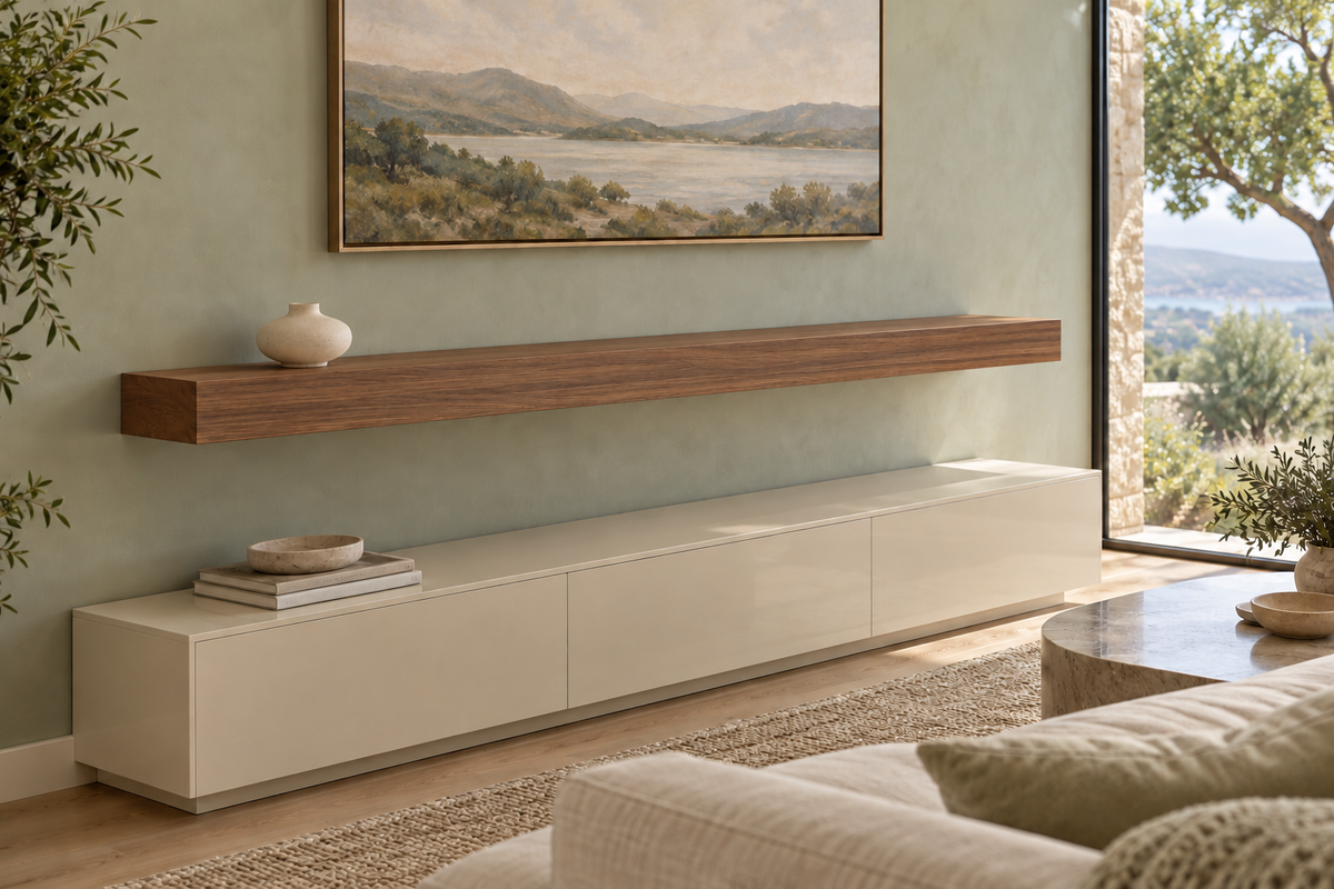 66 × 10 × 4 inch natural walnut floating shelf, standard mount, unlit, living-room rendering