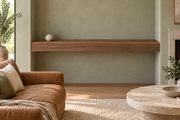 66 × 10 × 4 inch natural walnut floating shelf, wall-to-wall mount, unlit, living-room rendering