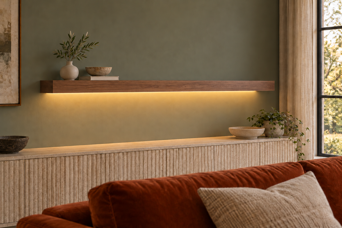 66 × 8 × 3 inch natural walnut floating shelf, standard mount, LED-ready Bottom Front location shown with separately supplied lighting, living-room rendering