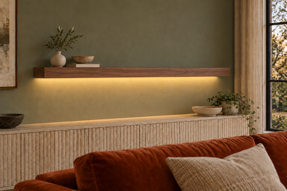 66 × 8 × 3 inch natural walnut floating shelf, standard mount, LED-ready Bottom Rear location shown with separately supplied lighting, living-room rendering