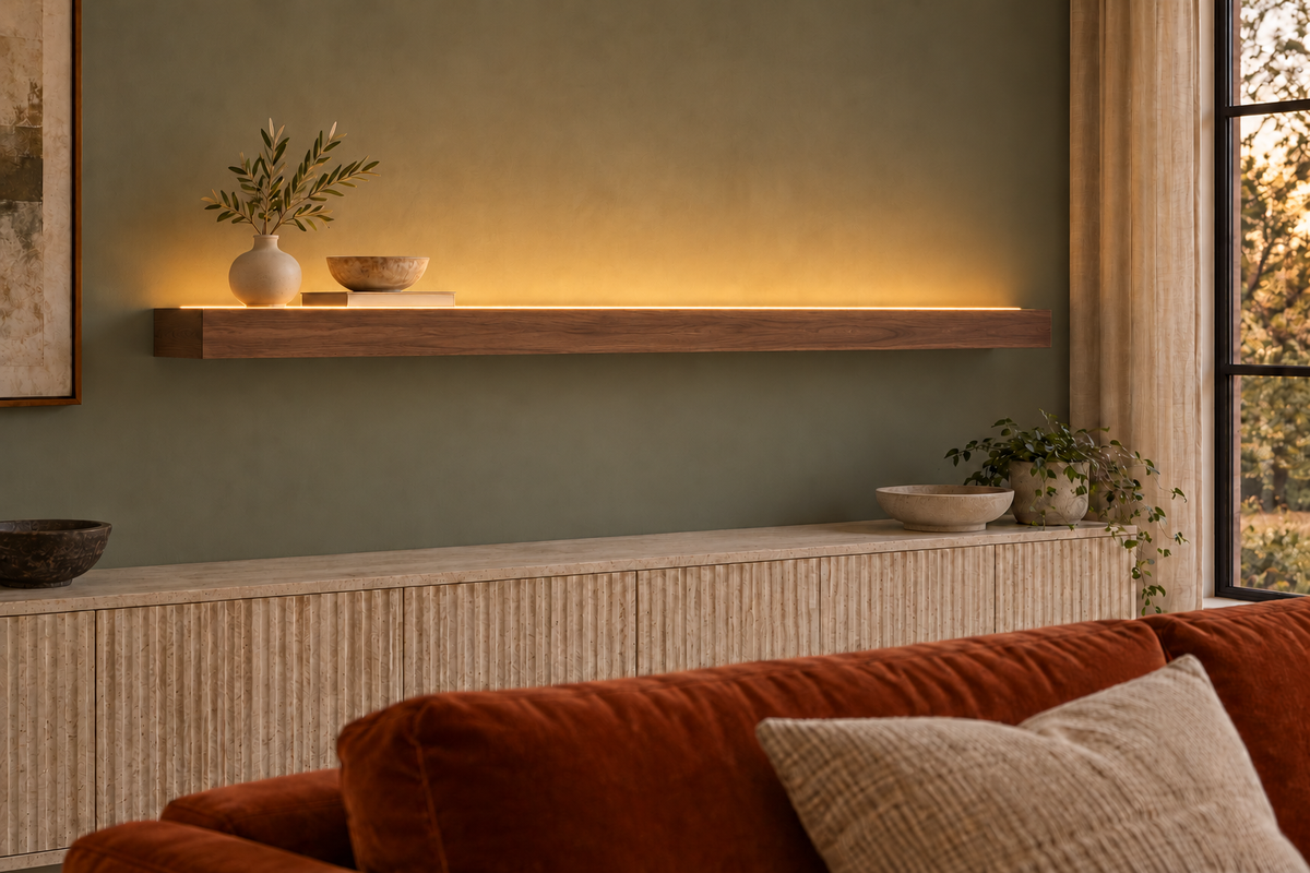 66 × 8 × 3 inch natural walnut floating shelf, standard mount, LED-ready Top Front location shown with separately supplied lighting, living-room rendering