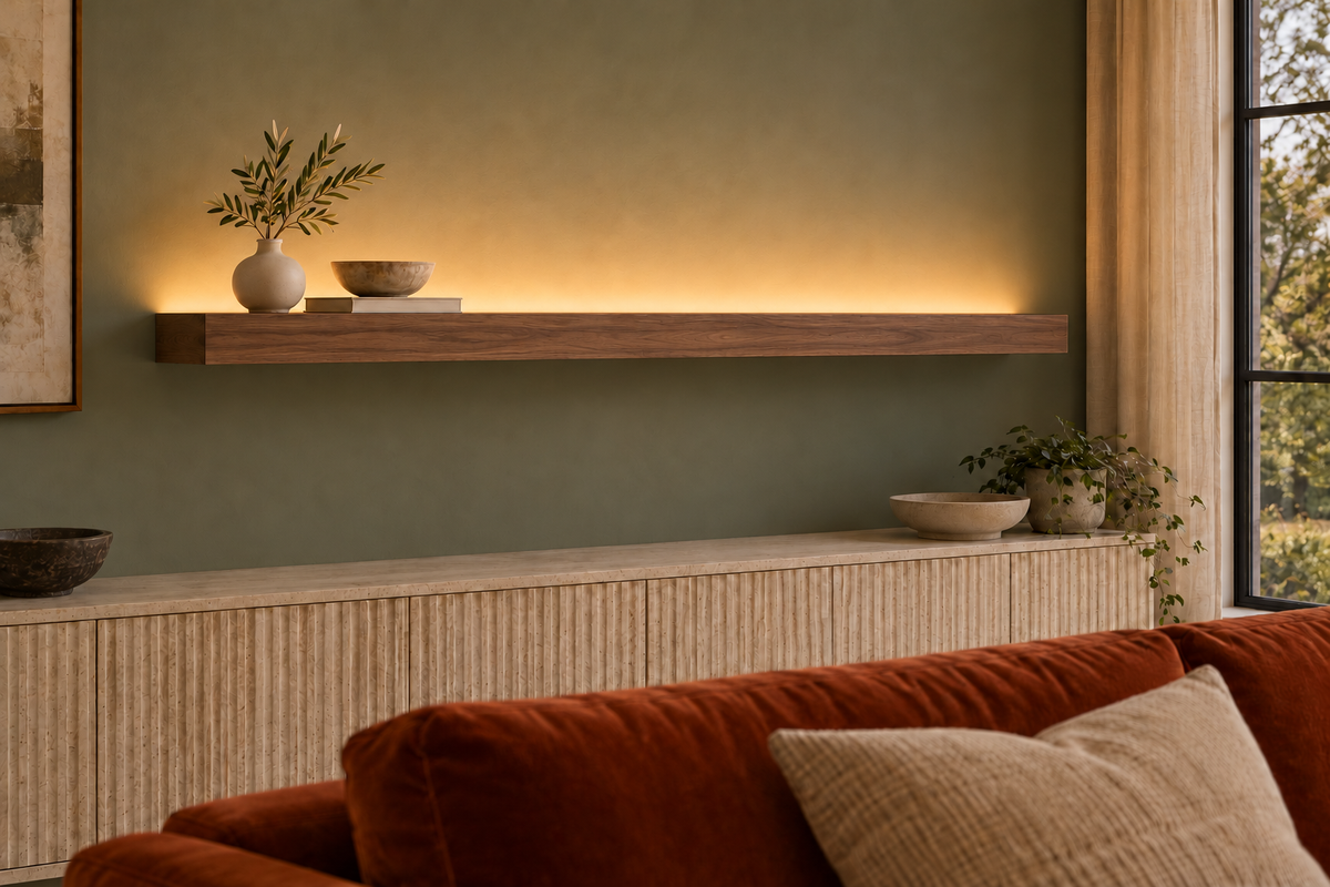 66 × 8 × 3 inch natural walnut floating shelf, standard mount, LED-ready Top Rear location shown with separately supplied lighting, living-room rendering