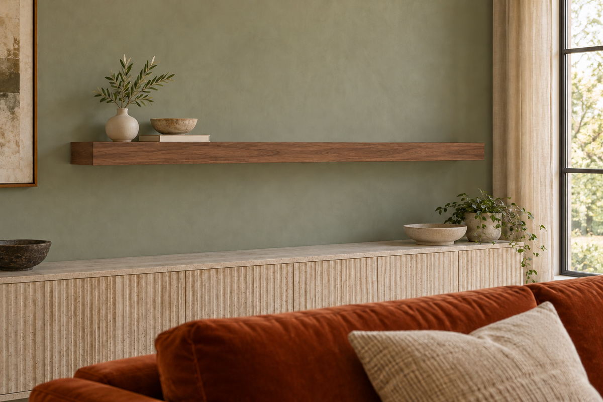 66 × 8 × 3 inch natural walnut floating shelf, standard mount, unlit, living-room rendering