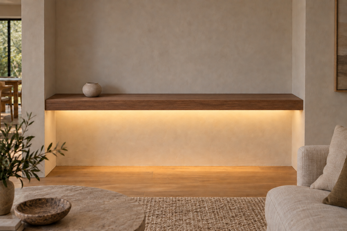 Gentry Stinson Walnut Floating Shelf | 66″ × 8″ × 3″ | Wall to Wall | Natural | LED Light Ready — Bottom Front location; rendering with separately supplied LED tape